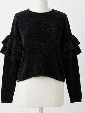 Zara Black Chenille Ruffle Sleeve Oversized Statement Sweater Size S